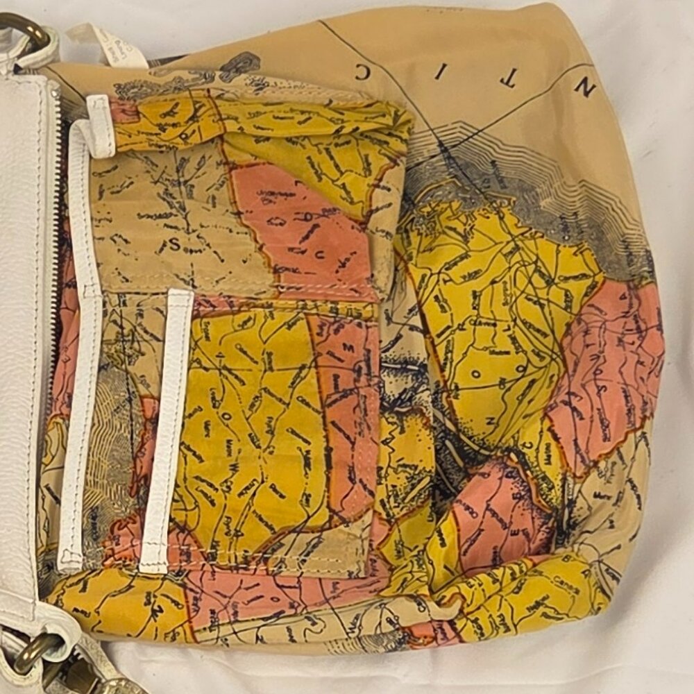 Rare Vintage Sharif 1980s White & Gold Leather Crossbody Bag Map Print Interior - Picture 8 of 15